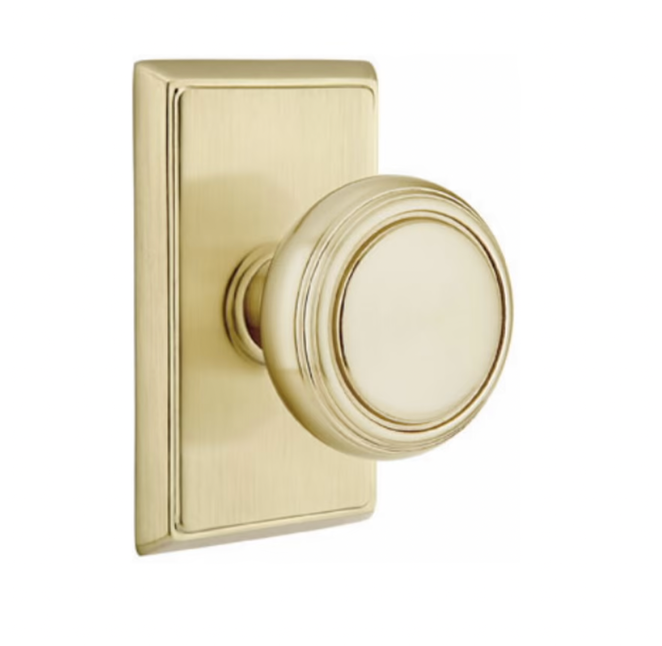 Transitional Round Door Knob Knob in Satin Brass w/ Rectangular Rosette - Industry Hardware