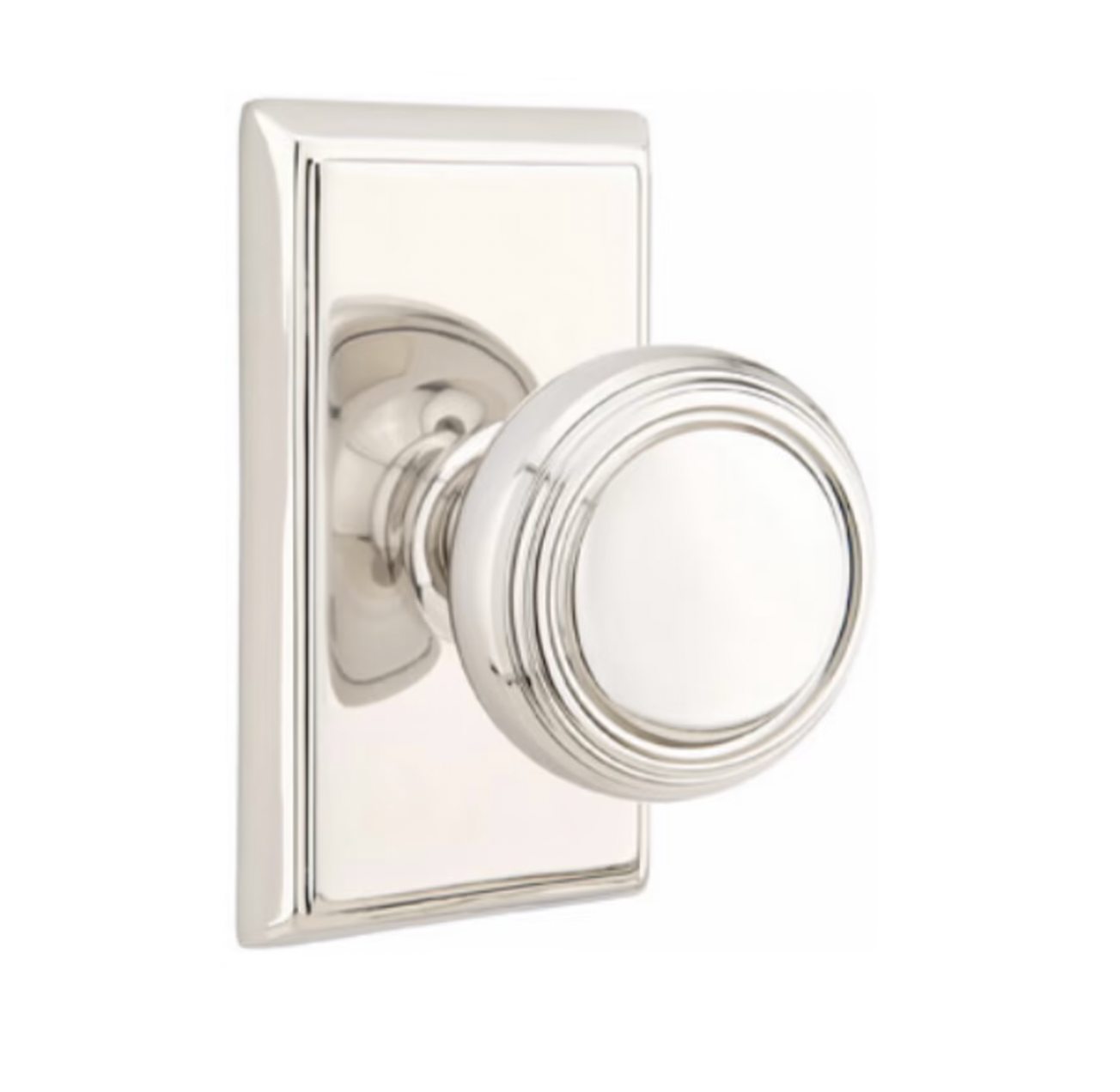Transitional Round Door Knob Knob in Polished Nickel w/ Rectangular Rosette - Industry Hardware