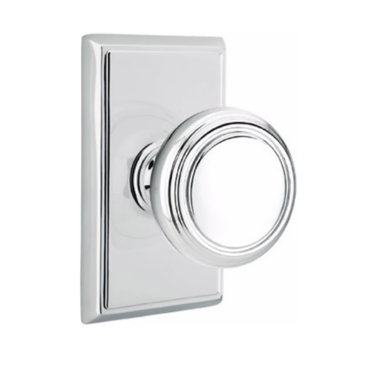 Transitional Round Door Knob Knob in Polished Chrome w/ Rectangular Rosette - Industry Hardware