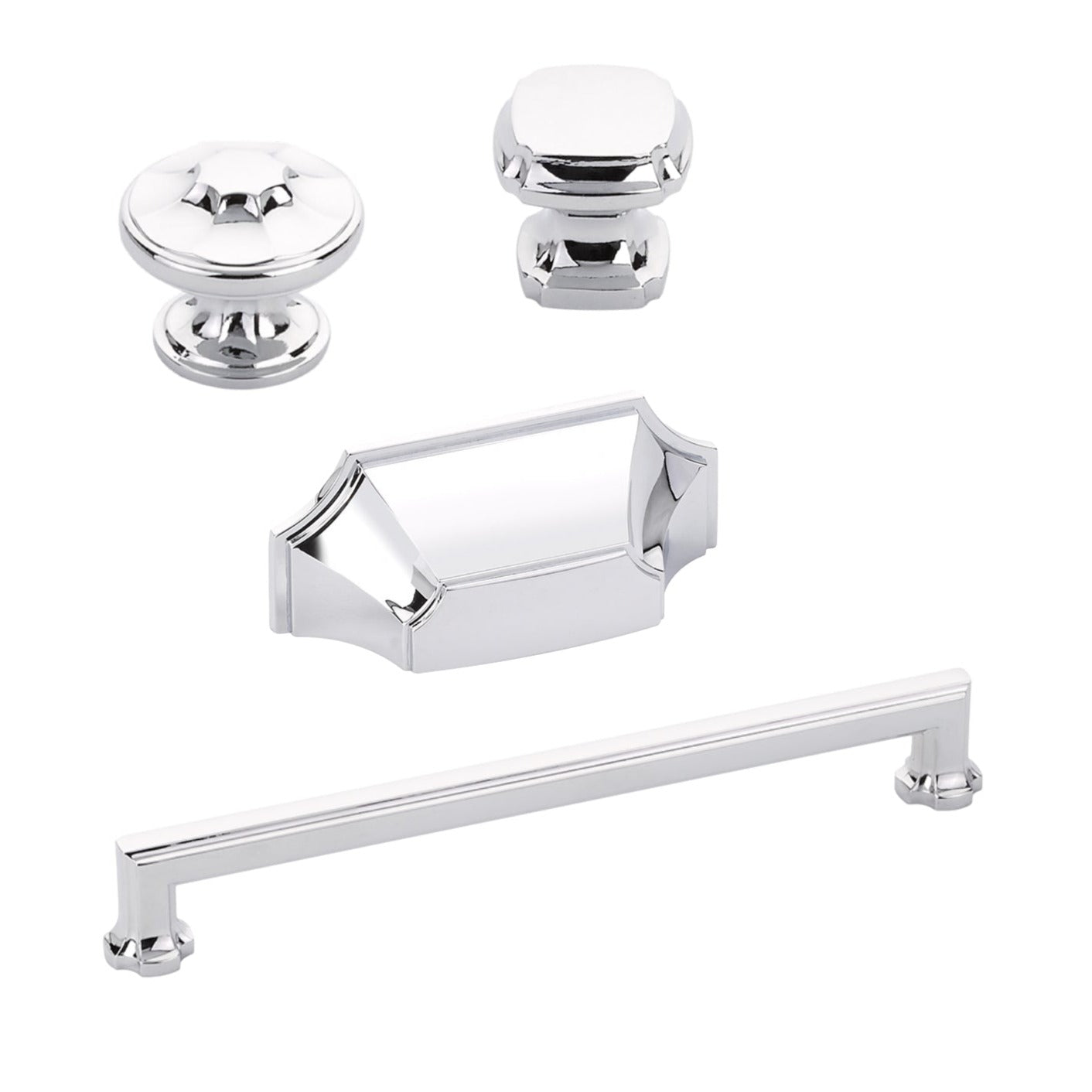 Polished Chrome "Regal" Cabinet Knobs and Drawer Pulls - Industry Hardware