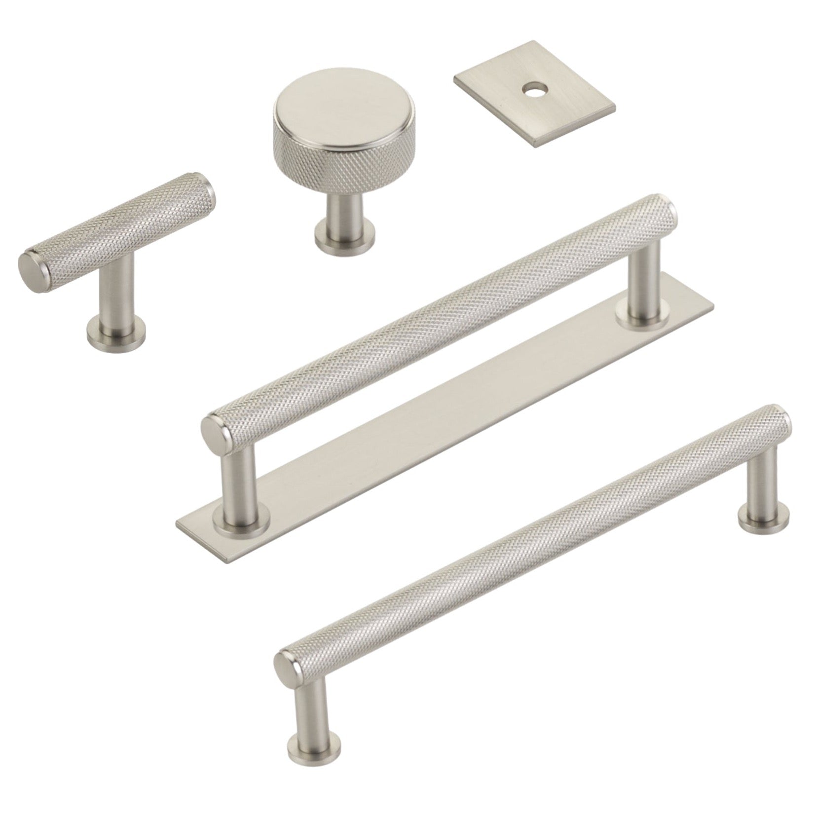 Brushed Nickel "Maison" Knurled Drawer Pulls and Cabinet Knobs with Optional Backplate - Industry Hardware