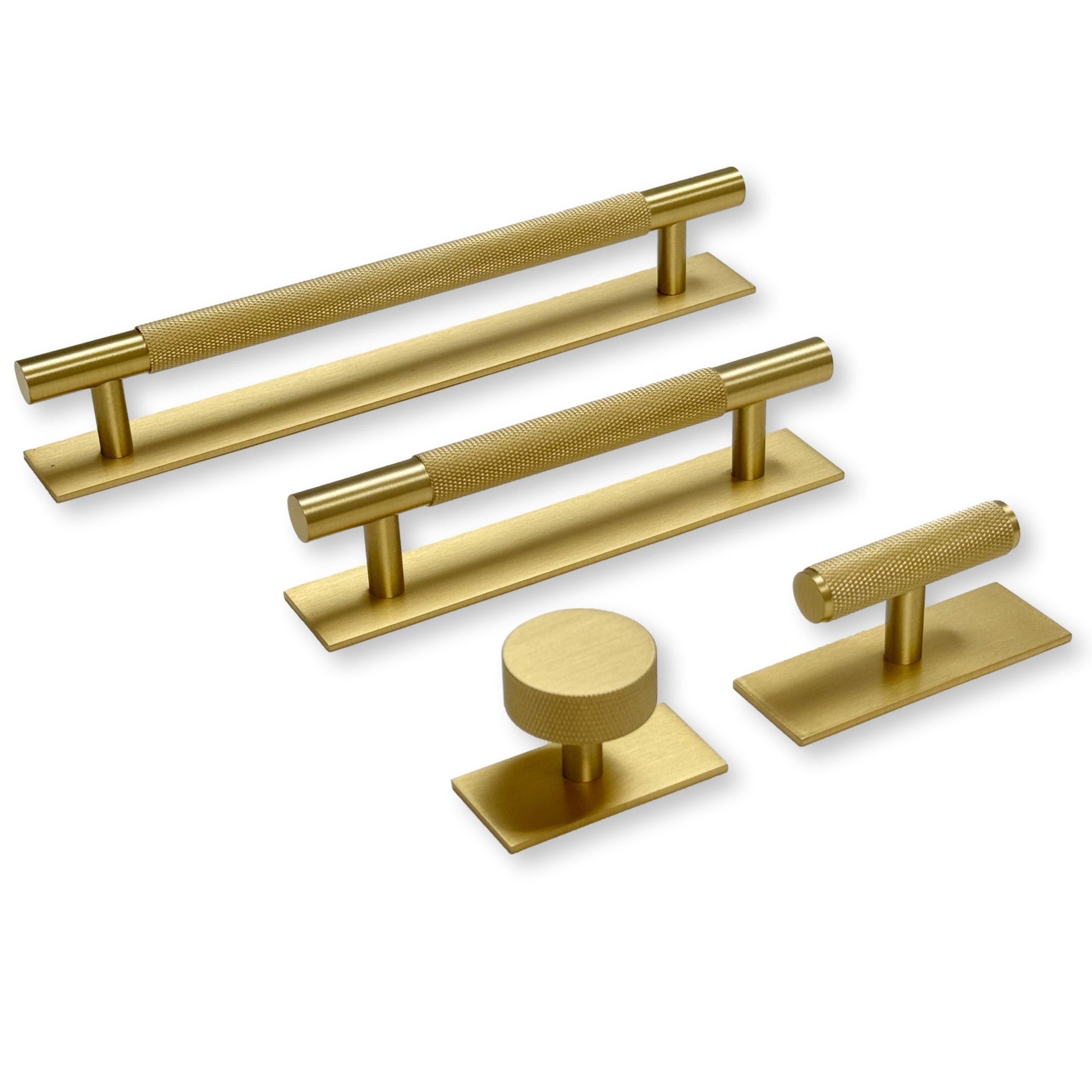 Brass Knurled "Texture Backplate" Drawer Pulls and Knobs in Satin Brass - Industry Hardware