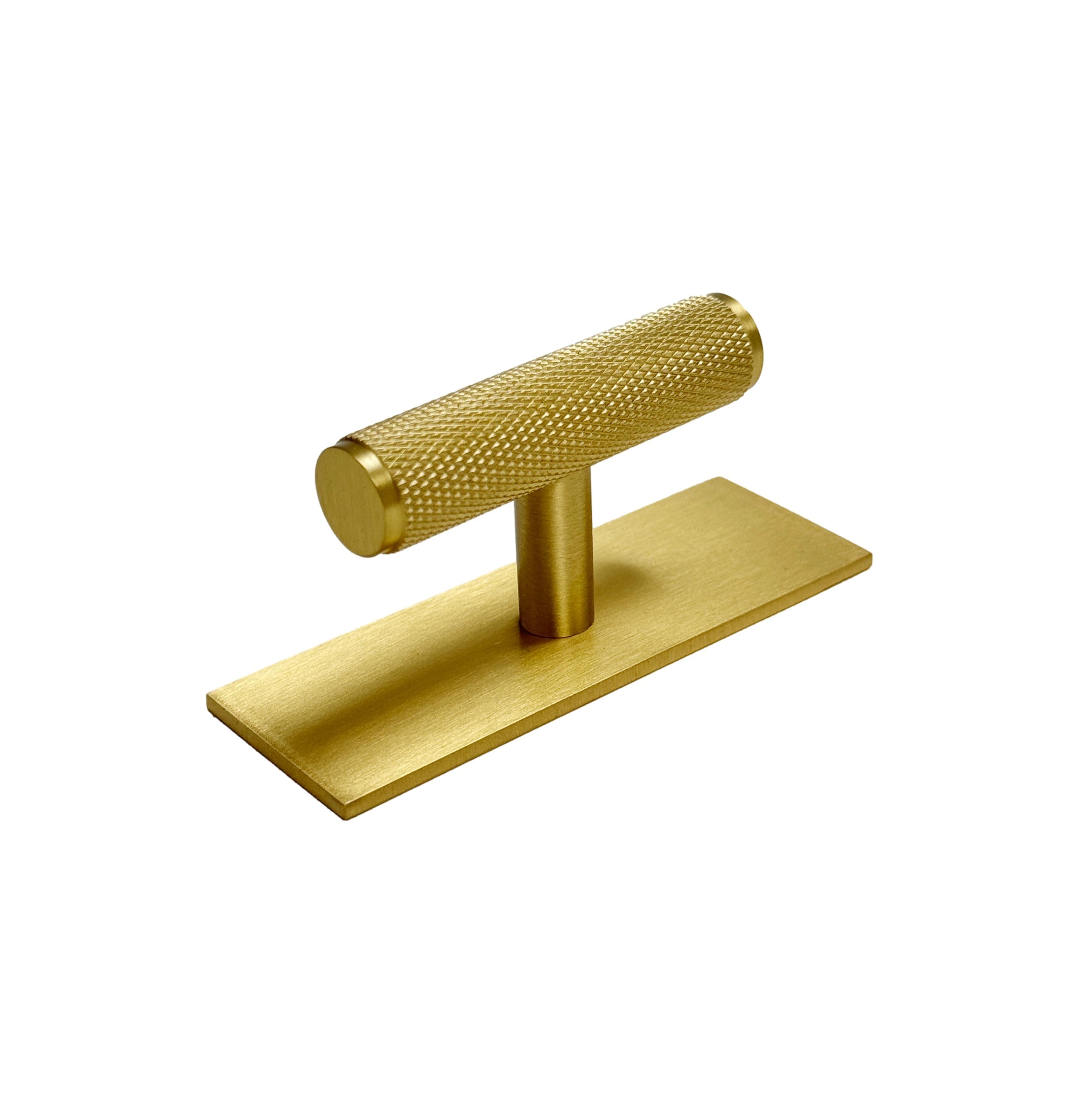 Brass Knurled "Texture Backplate" Drawer Pulls and Knobs in Satin Brass - Industry Hardware