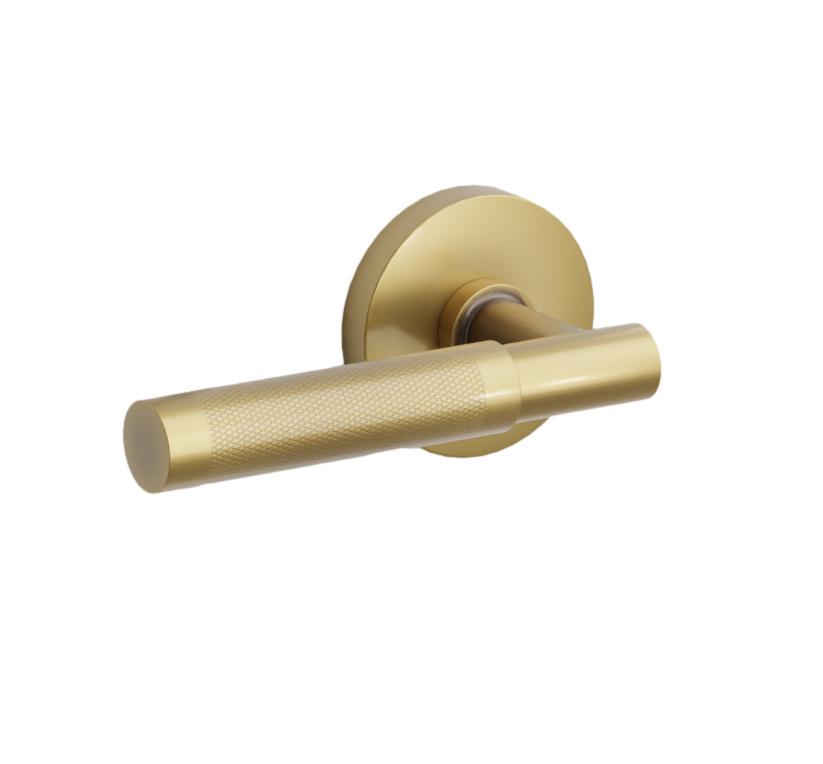 T-Bar Knurled French Brass Door Lever w/Disk Rosette
