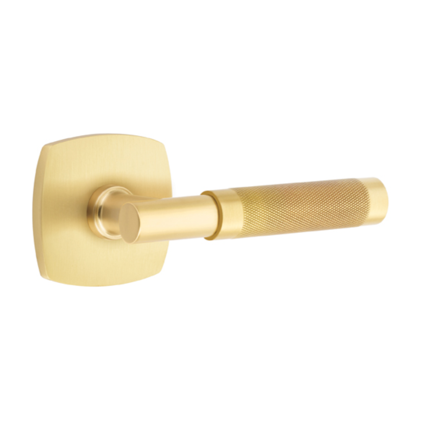 T-Bar Knurled SELECT Satin Brass Door Lever w/ Urban Modern Rosette | Door Handle