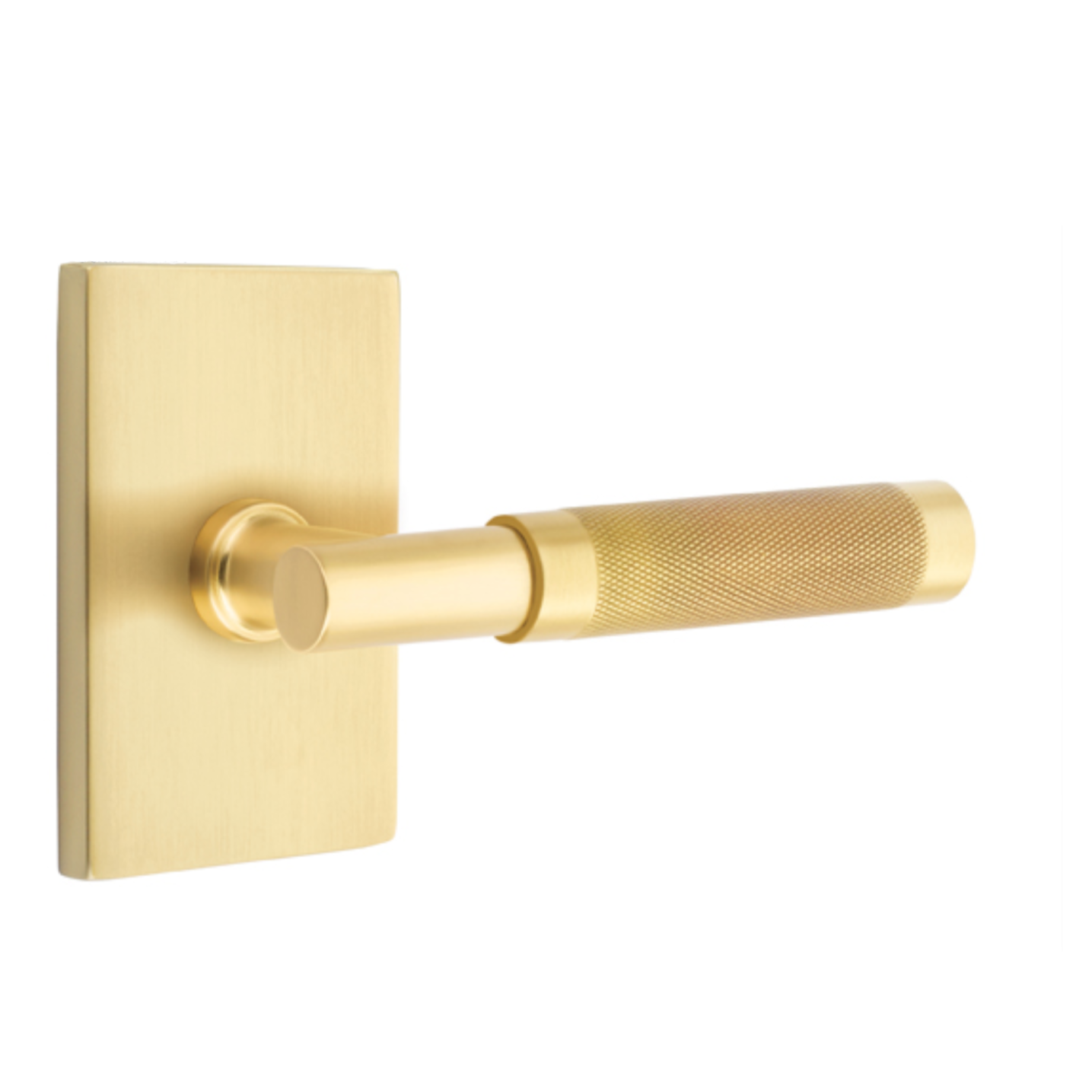 T-Bar Knurled SELECT Satin Brass Door Lever w/ Modern Rectangular Rosette | Door Handle