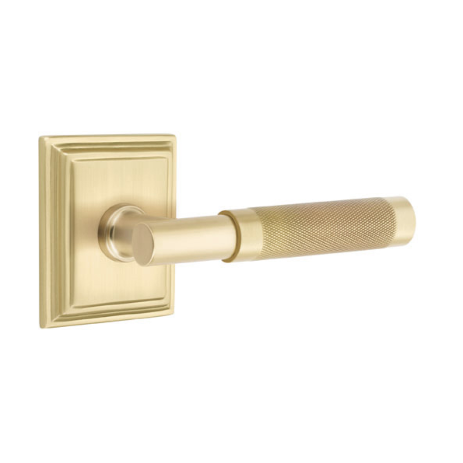 T-Bar Knurled SELECT Satin Brass Door Lever w/ Wilshire Rosette | Door Handle