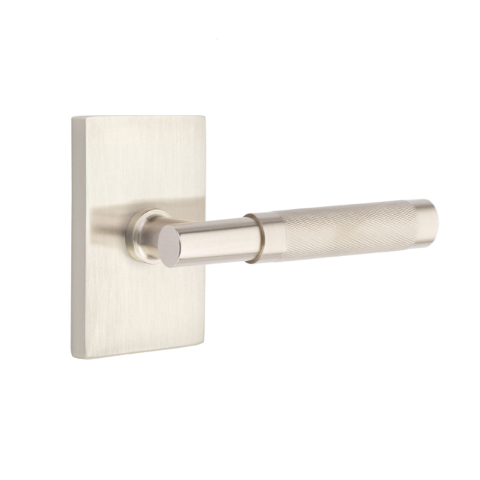 T-Bar Knurled SELECT Satin Nickel Door Lever w/ Modern Rectangular Rosette | Door Handle