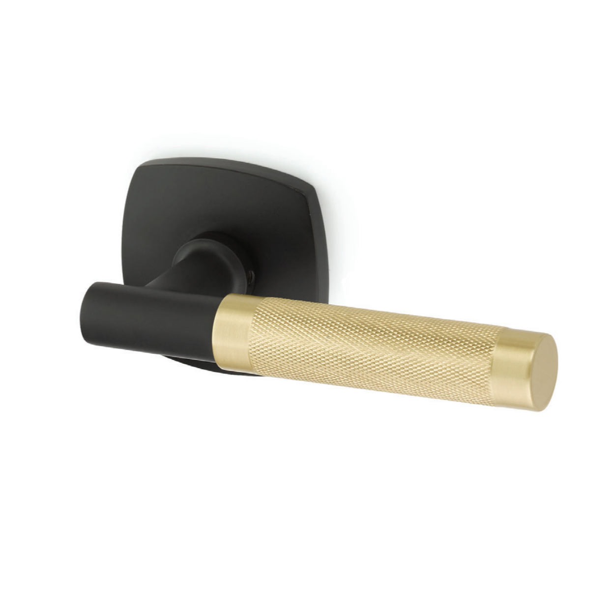 T-Bar Knurled SELECT Satin Brass and Matte Black Door Lever w/ Urban Modern Rosette | Door Handle