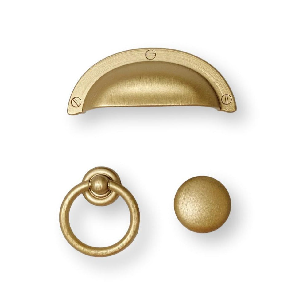 Brushed Gold "Capri" Cup Drawer Pull, Ring Pull or Round Cabinet Knob | Pulls