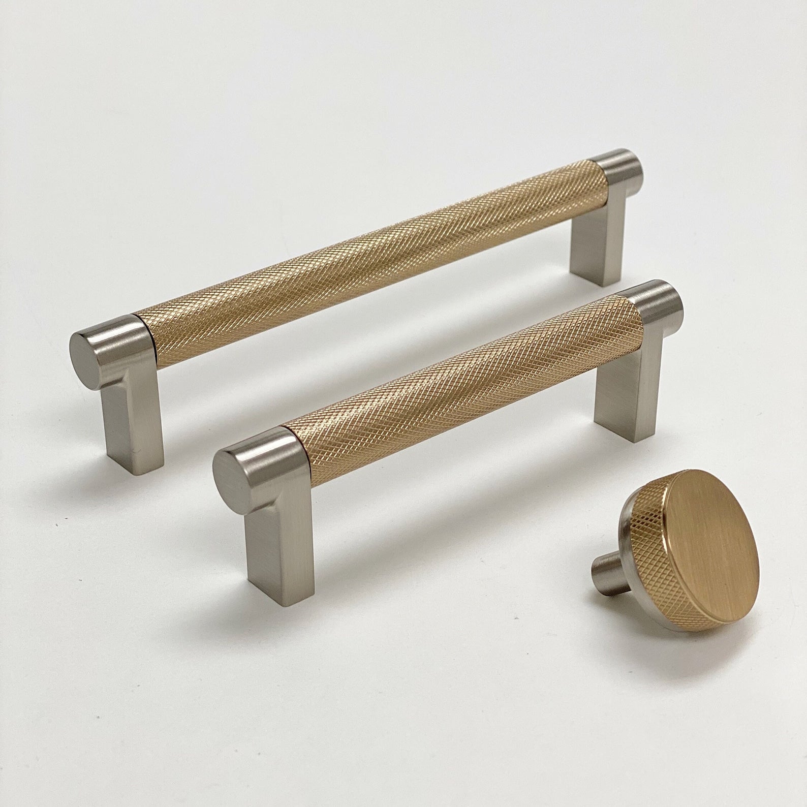 Knurled "Converse" Brushed Nickel and Champagne Bronze Dual-Finish Knobs and Pulls - Industry Hardware