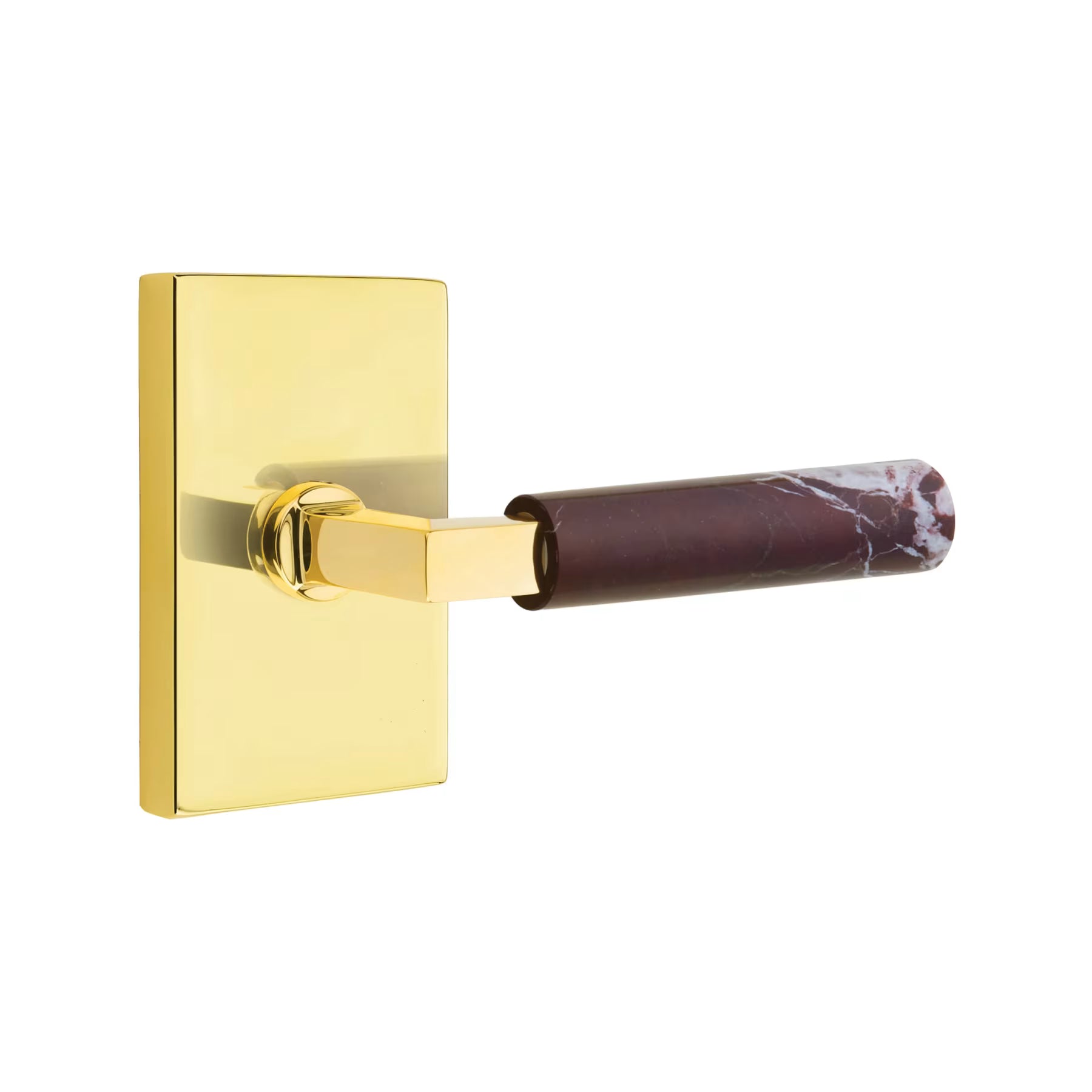 Burgundy Marble "Elegance" Door Lever Knob in Unlacquered Brass w/ Rectangular Rosette