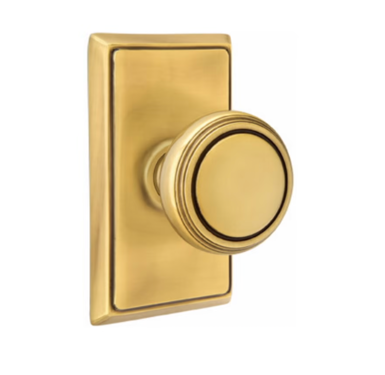 Transitional Round Door Knob Knob in French Brass w/ Rectangular Rosette - Industry Hardware