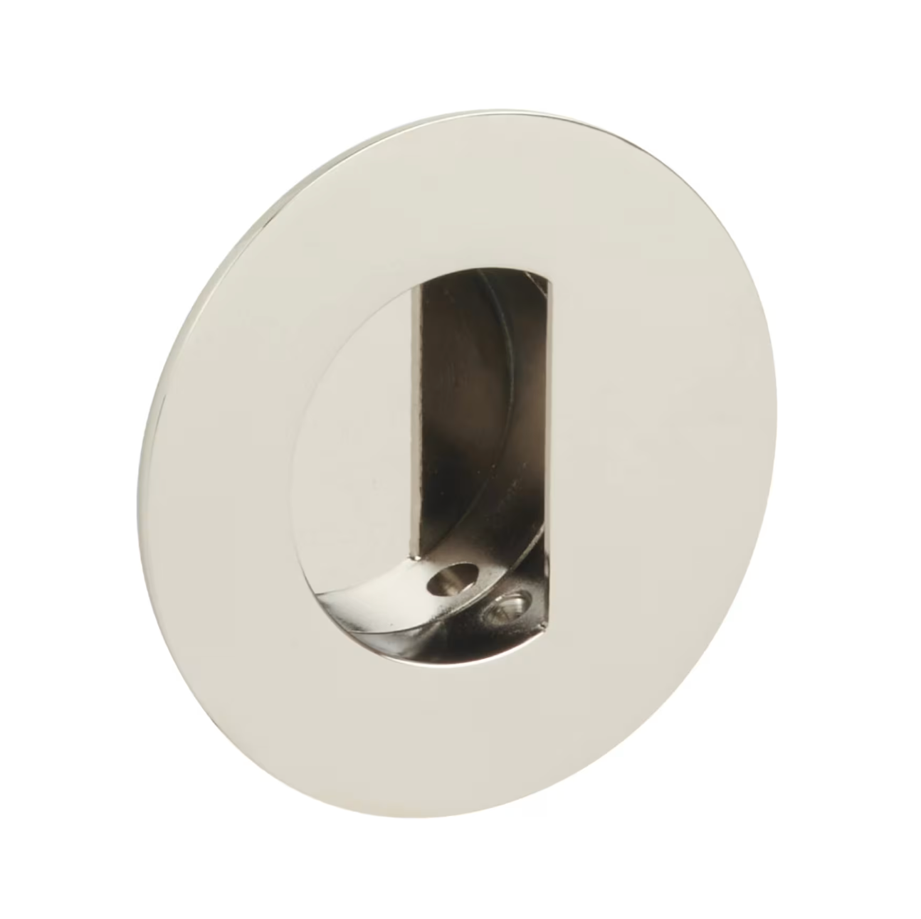 Offset Round Flush Recess Door Pull in Polished Nickel