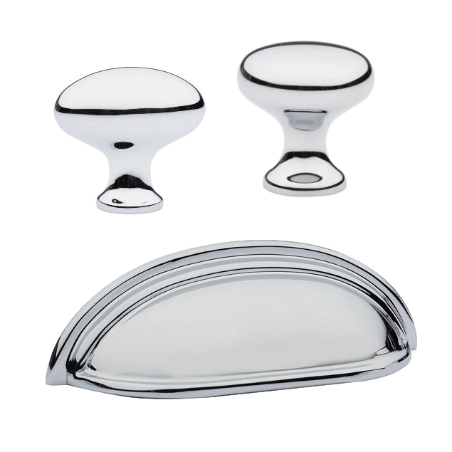 Polished Chrome "Heritage" Cabinet Knobs and Cup Pulls - Forge Hardware Studio