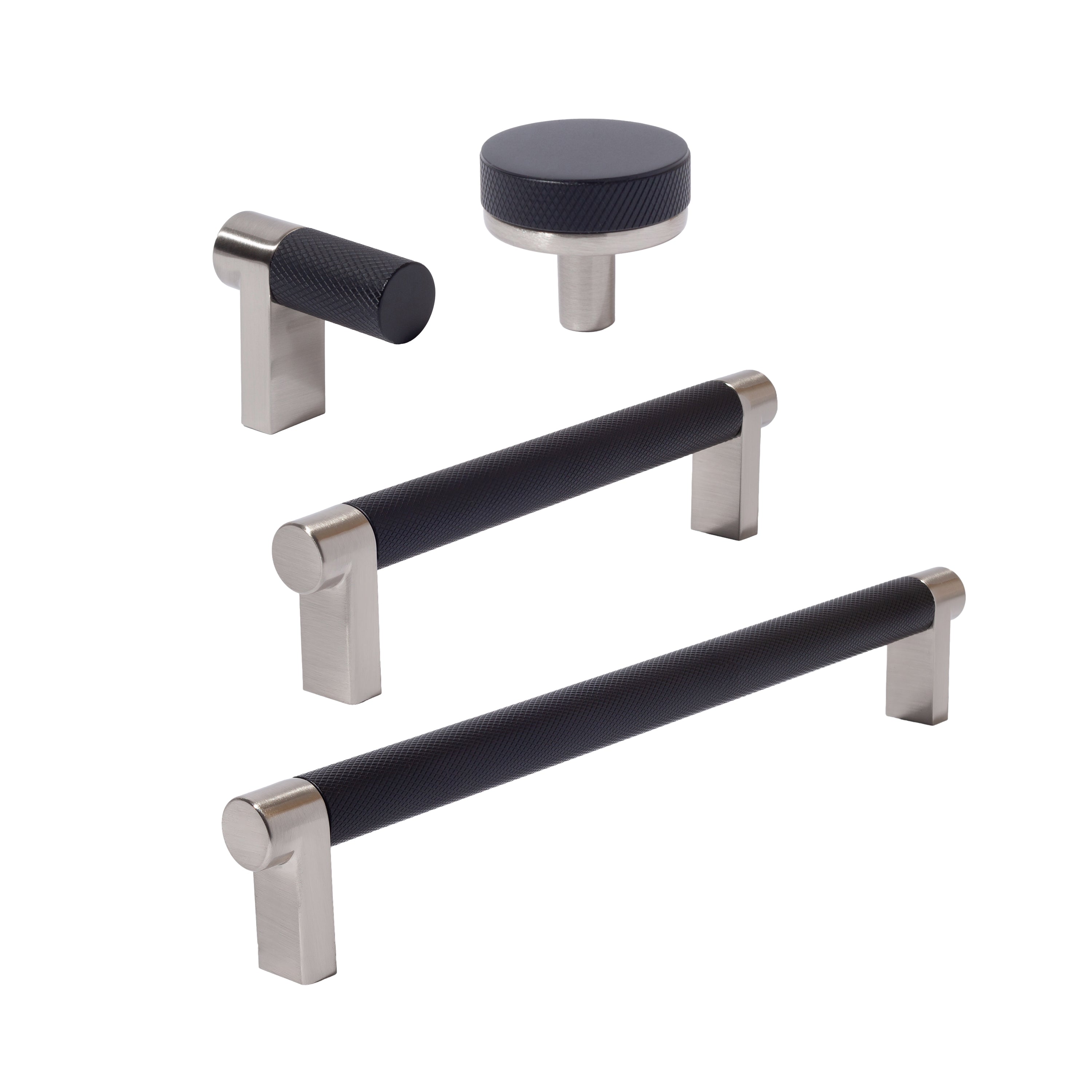 Knurled Satin Nickel and Black Cabinet Knobs and Drawer Pulls