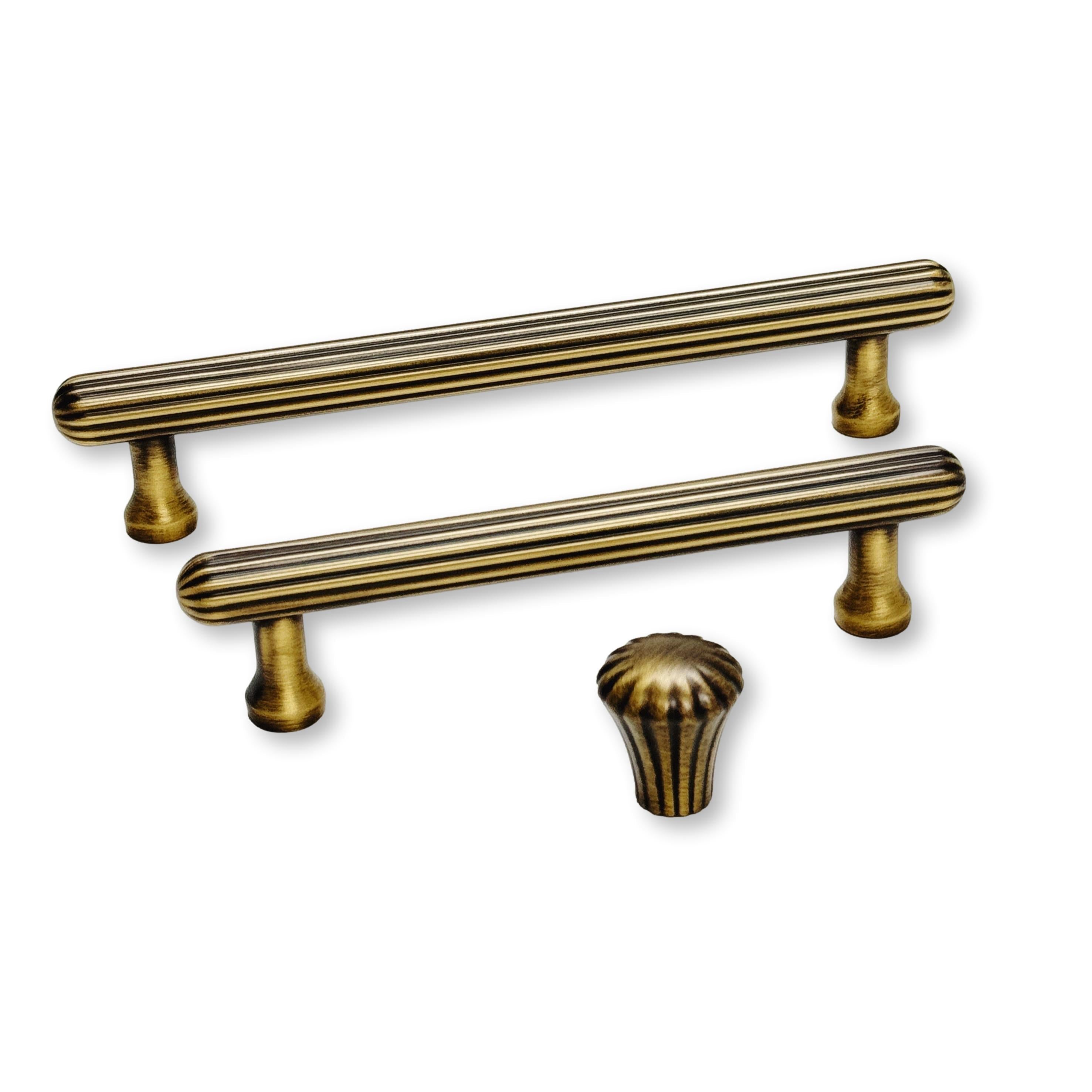 Fluted Antique Brass "Jewel" Ridge Cabinet Knobs and Pulls - Industry Hardware