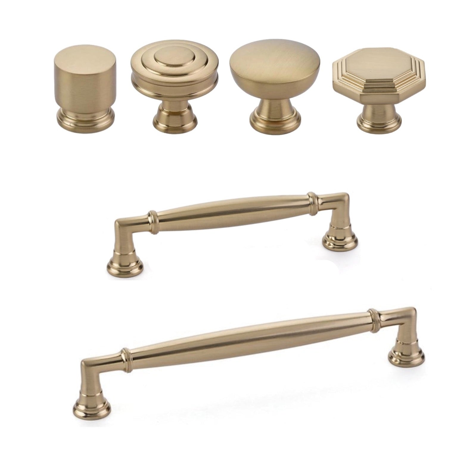 Satin Brass "Elite" Cabinet Knobs and Drawer Pulls - Forge Hardware Studio