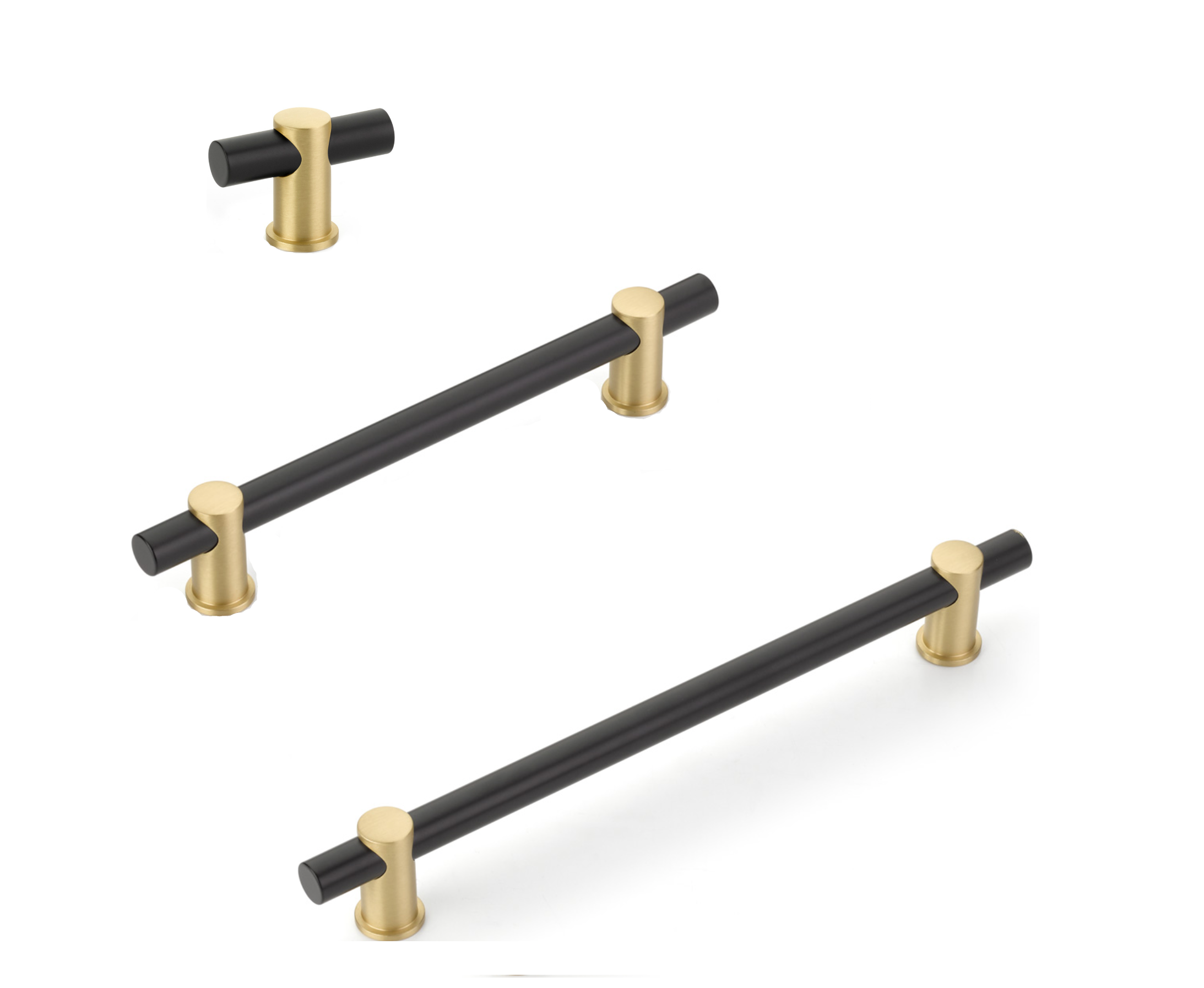 Satin Brass and Matte Black Round T-Bar "Fonce" Cabinet Knobs and Drawer Pulls - Brass Cabinet Hardware 