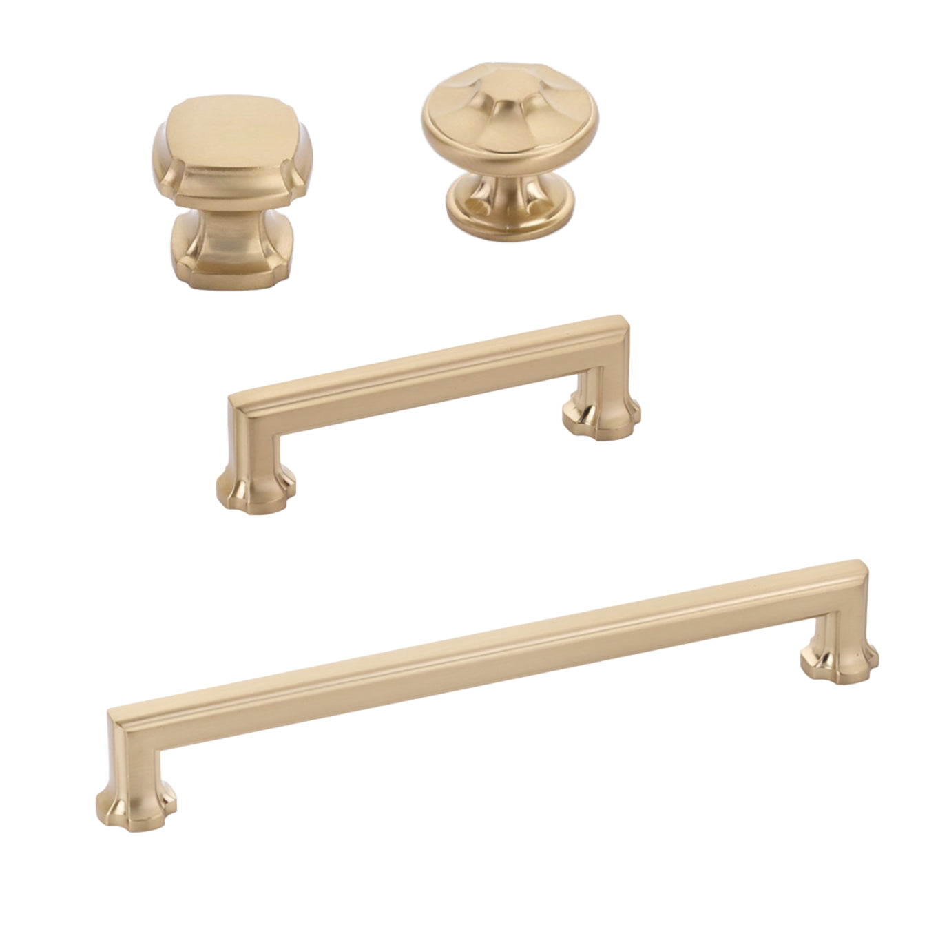 Satin Brass "Regal" Cabinet Knobs and Drawer Pull - Forge Hardware Studio