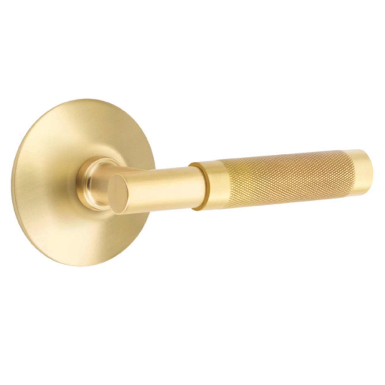 T-Bar Knurled SELECT Satin Brass Door Lever w/Modern Rosette | Door Handle