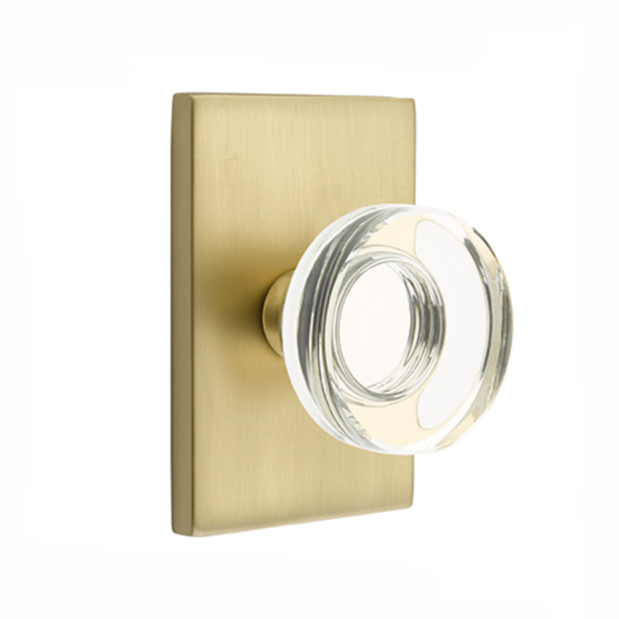 Modern Disc Crystal Knob in Satin Brass Door Knob w/ Modern Rectangular Rosette | Door Handle