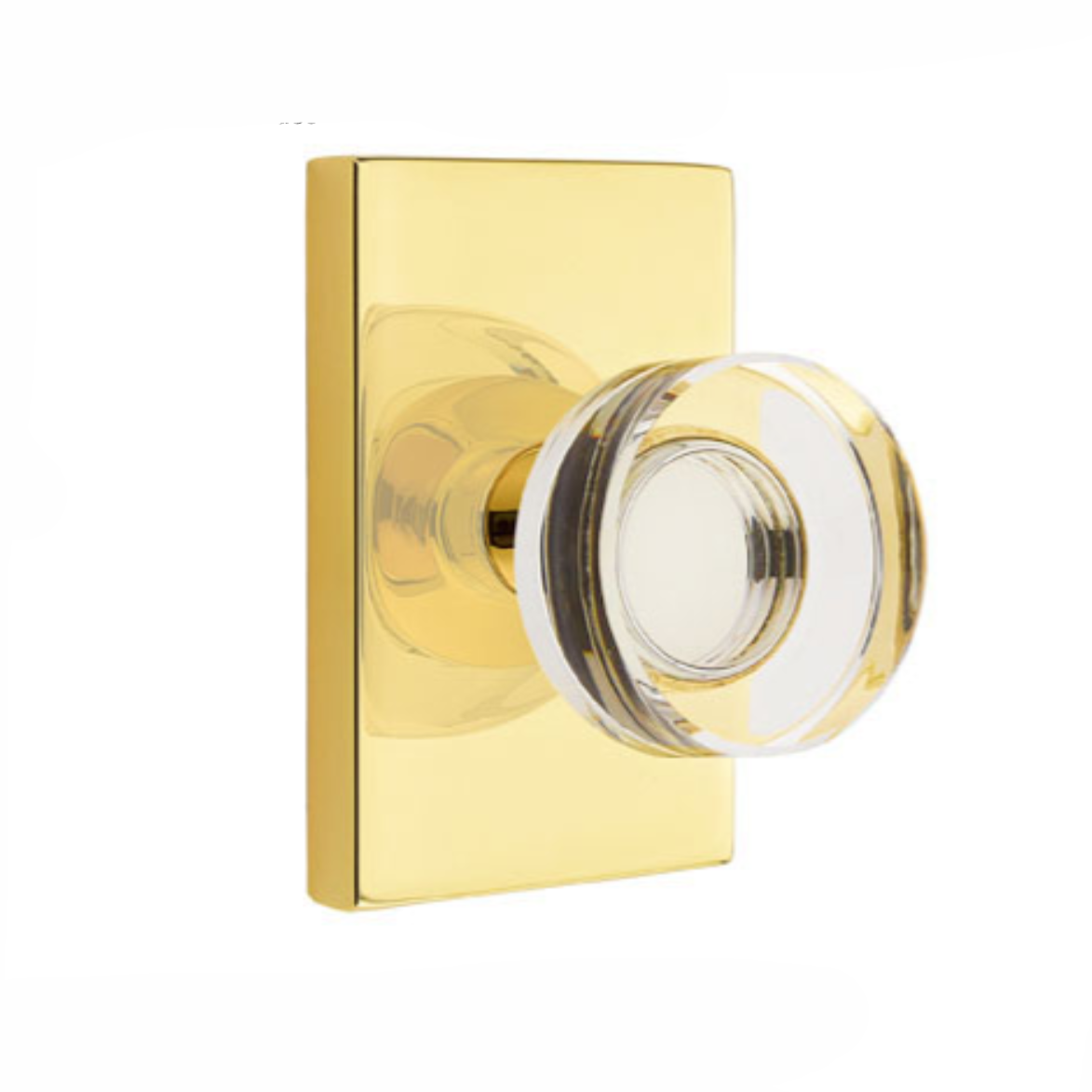 Modern Disc Crystal Knob in Unlacquered Polished Brass Door Knob w/ Modern Rectangular Rosette | Door Handle