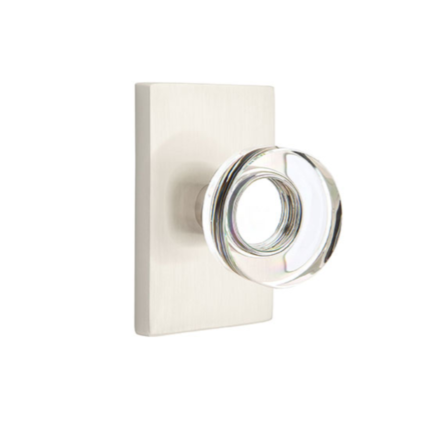 Modern Disc Crystal Knob in Satin Nickel Door Knob w/ Modern Rectangular Rosette | Door Handle