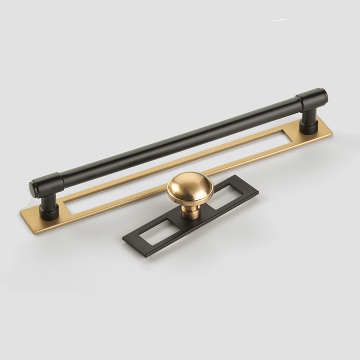 Matte Black and Brass "Industrial Modern" Drawer Pulls and Knob with Backplate - Forge Hardware Studio