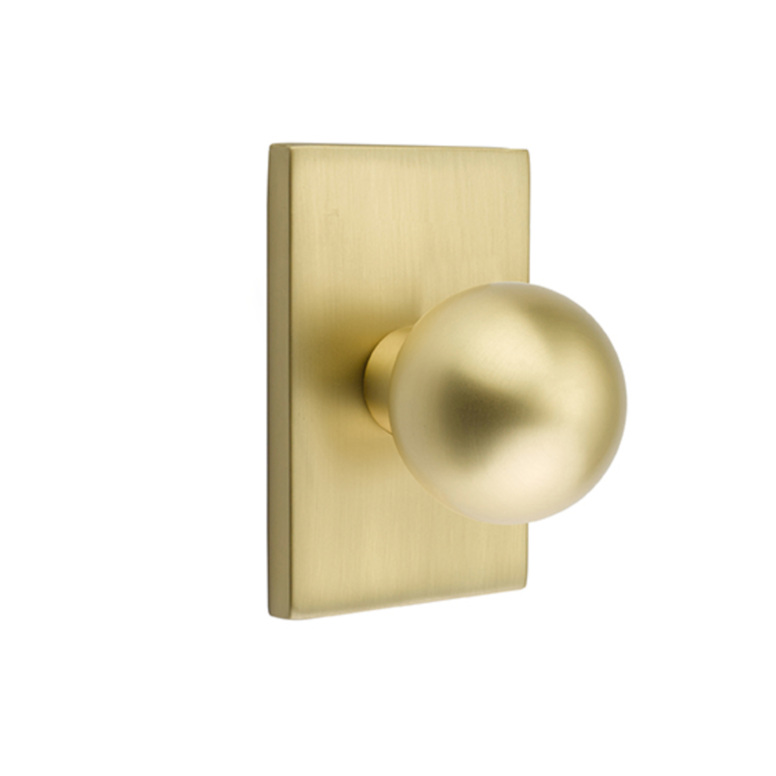 Modern Ball Door Knob in Satin Brass w/ Modern Rectangular Rosette | Door Handle