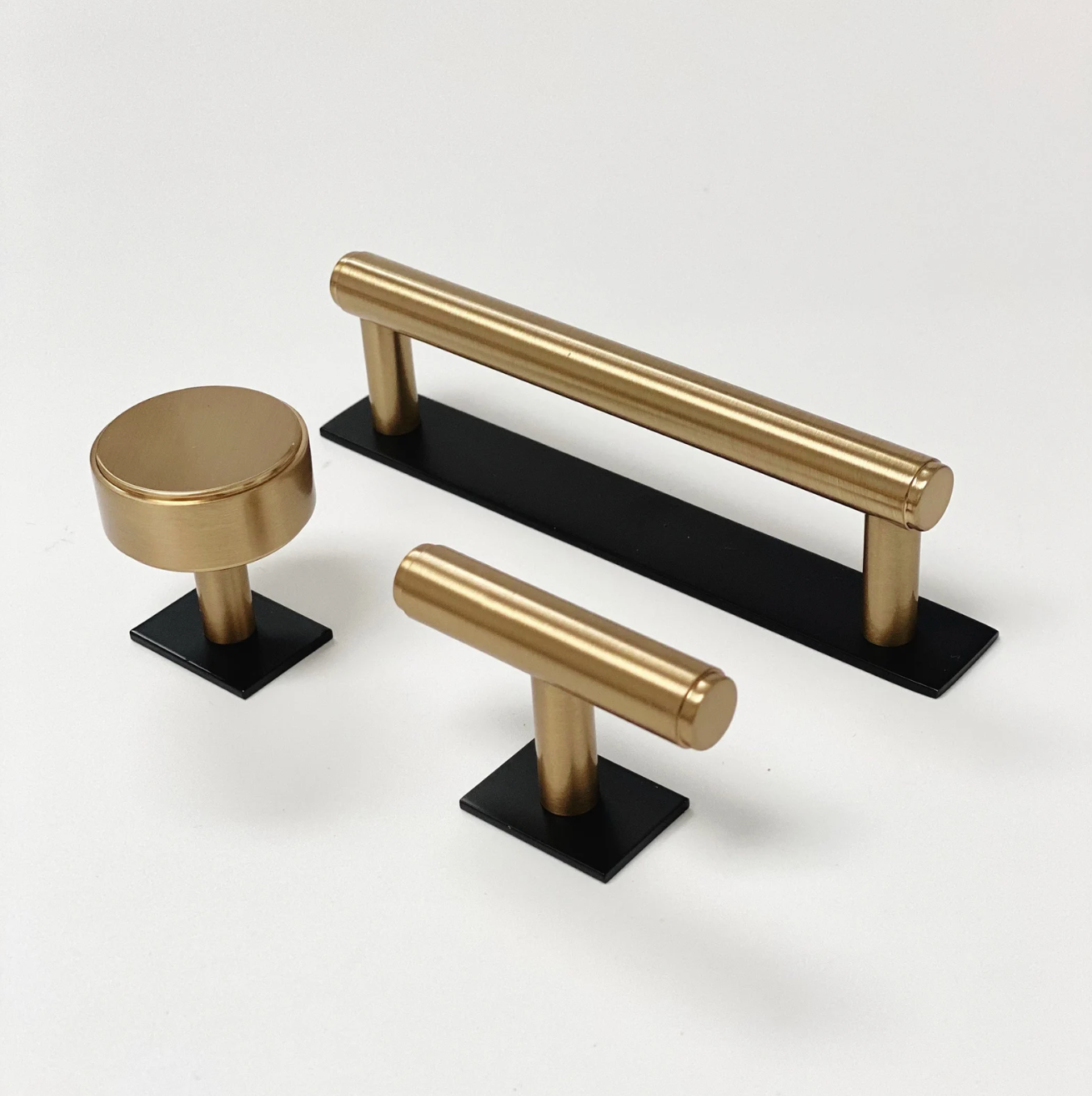 Dual Finish "Maison No. 2" Smooth Matte Black and Champagne Bronze Drawer Pulls and Cabinet Knobs with Backplate - Industry Hardware