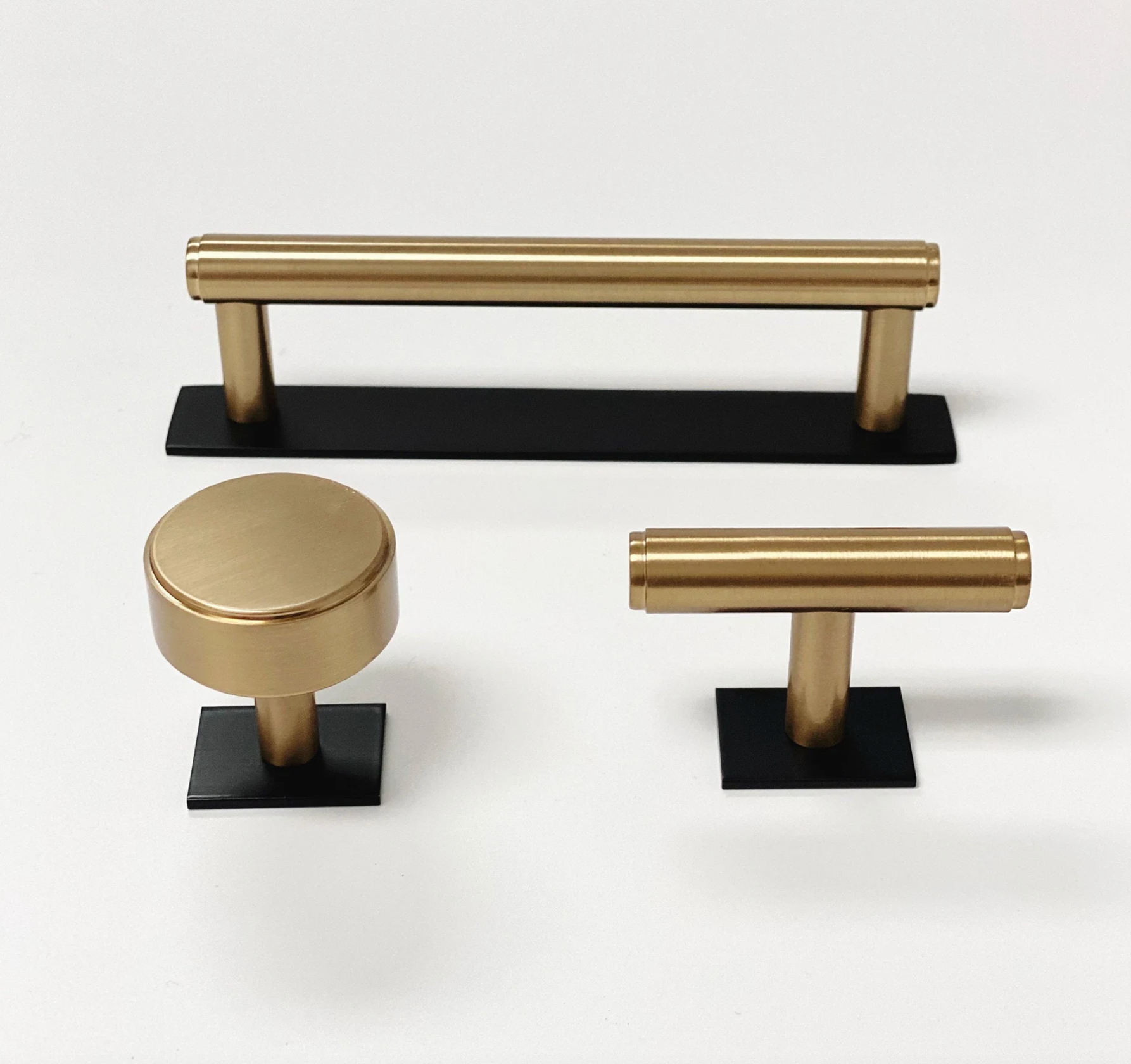 Dual Finish "Maison No. 2" Smooth Matte Black and Champagne Bronze Drawer Pulls and Cabinet Knobs with Backplate - Industry Hardware