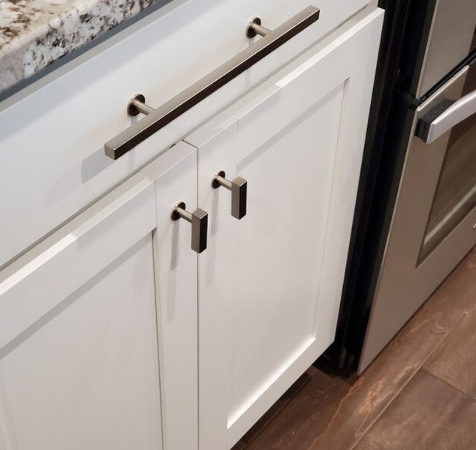 Lew's Square Bar Cabinet Knobs and Pulls in Brushed Nickel