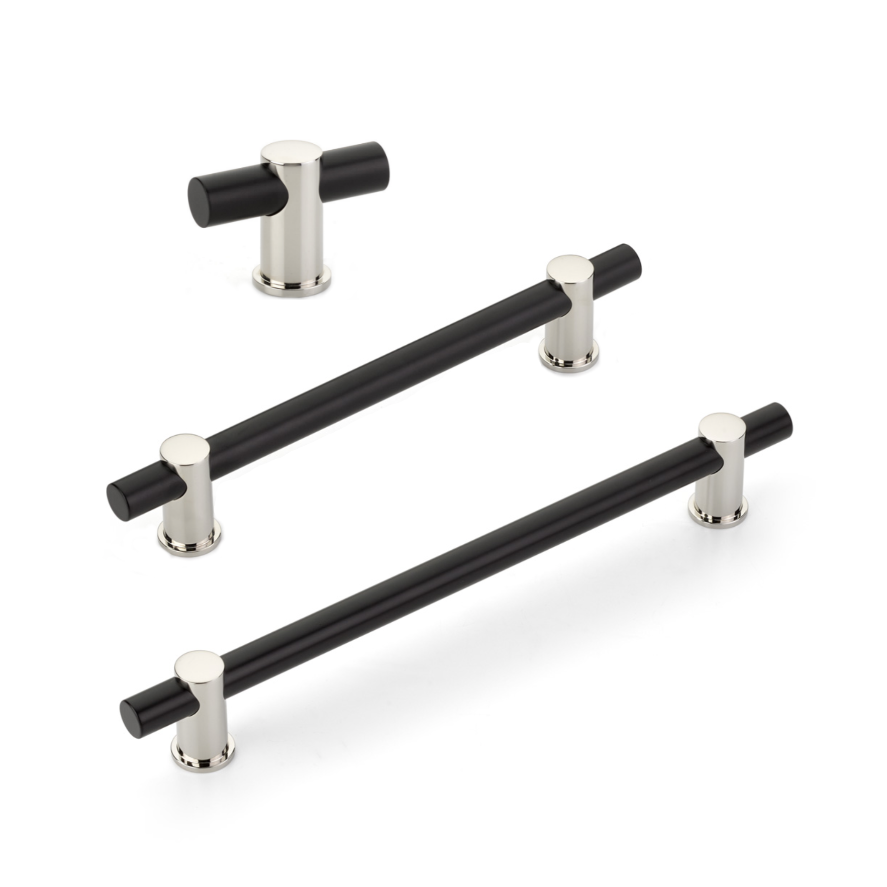 Matte Black and Polished Nickel "Fonce" Round T-Bar Cabinet Knobs and Drawer Pulls - Brass Cabinet Hardware 