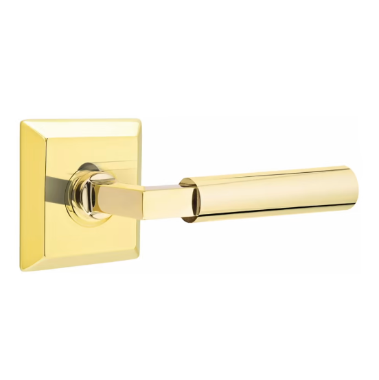Unlacquered Brass Door Lever Smooth Handle w/ Beveled Square Rosette - Industry Hardware