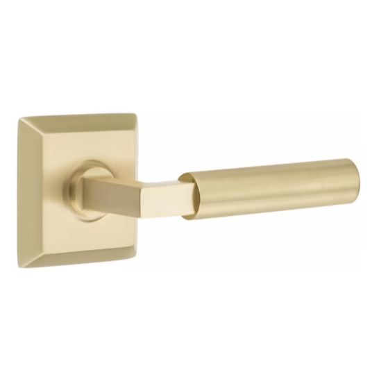 Satin Brass Door Lever Smooth Handle w/ Beveled Square Rosette - Industry Hardware