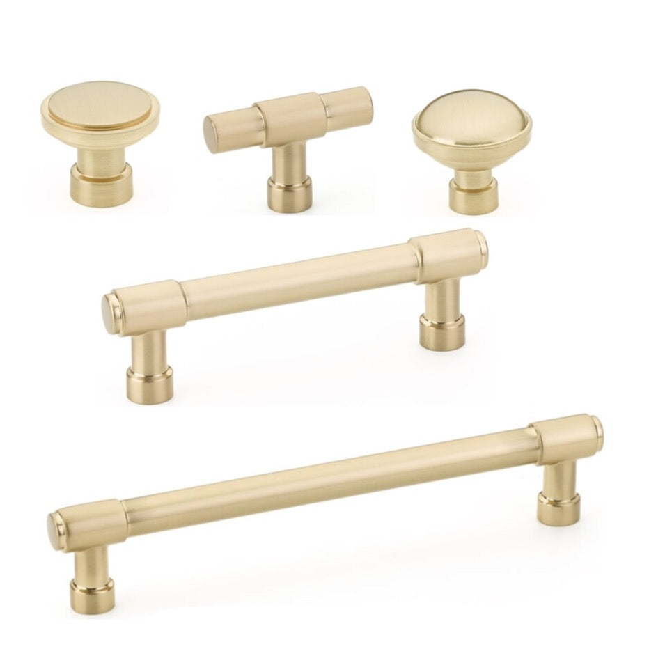 Modern "Industry" Cabinet Knobs and Drawer Pulls in Satin Brass - Forge Hardware Studio