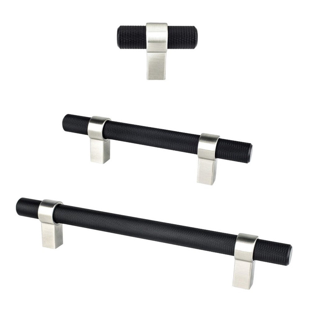 Knurled "Prelude" Brushed Nickel and Matte Black Cabinet Knobs and Drawer Pulls - Industry Hardware