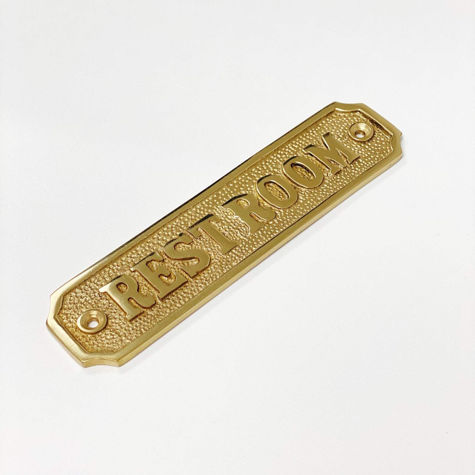 Brass "Restroom" Door Sign 5-1/4" x 1-1/4" - Brass Bathroom Door Sign | Hook