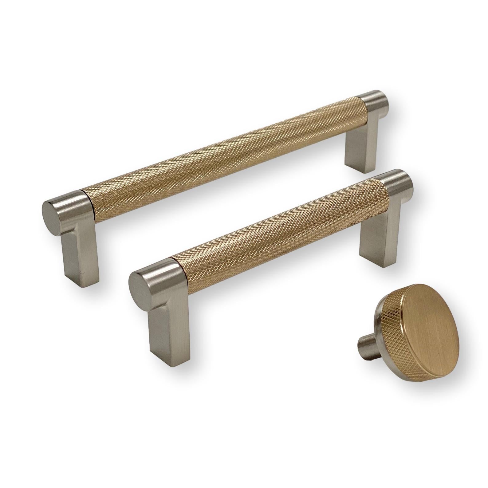 Knurled "Converse" Brushed Nickel and Champagne Bronze Dual-Finish Knobs and Pulls