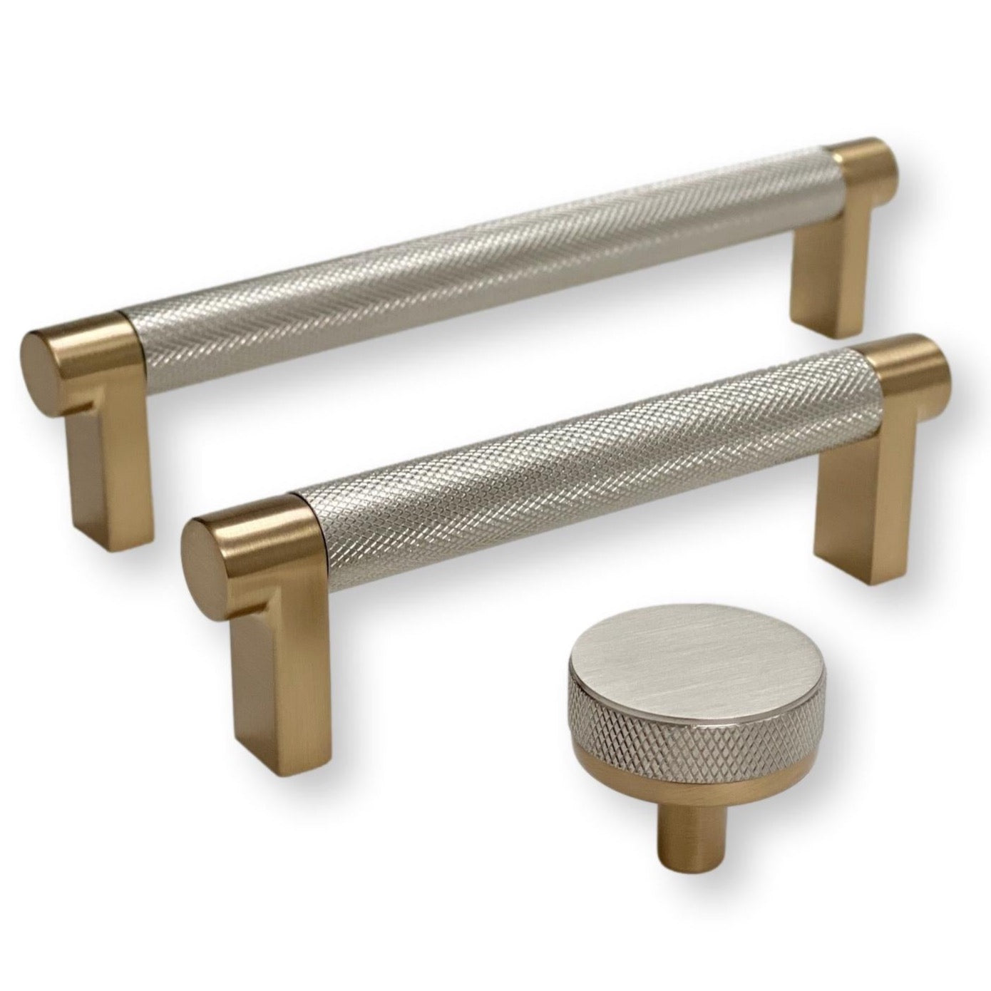 Knurled "Converse" Champagne Bronze and Brushed Nickel Dual-Finish Knobs and Pulls