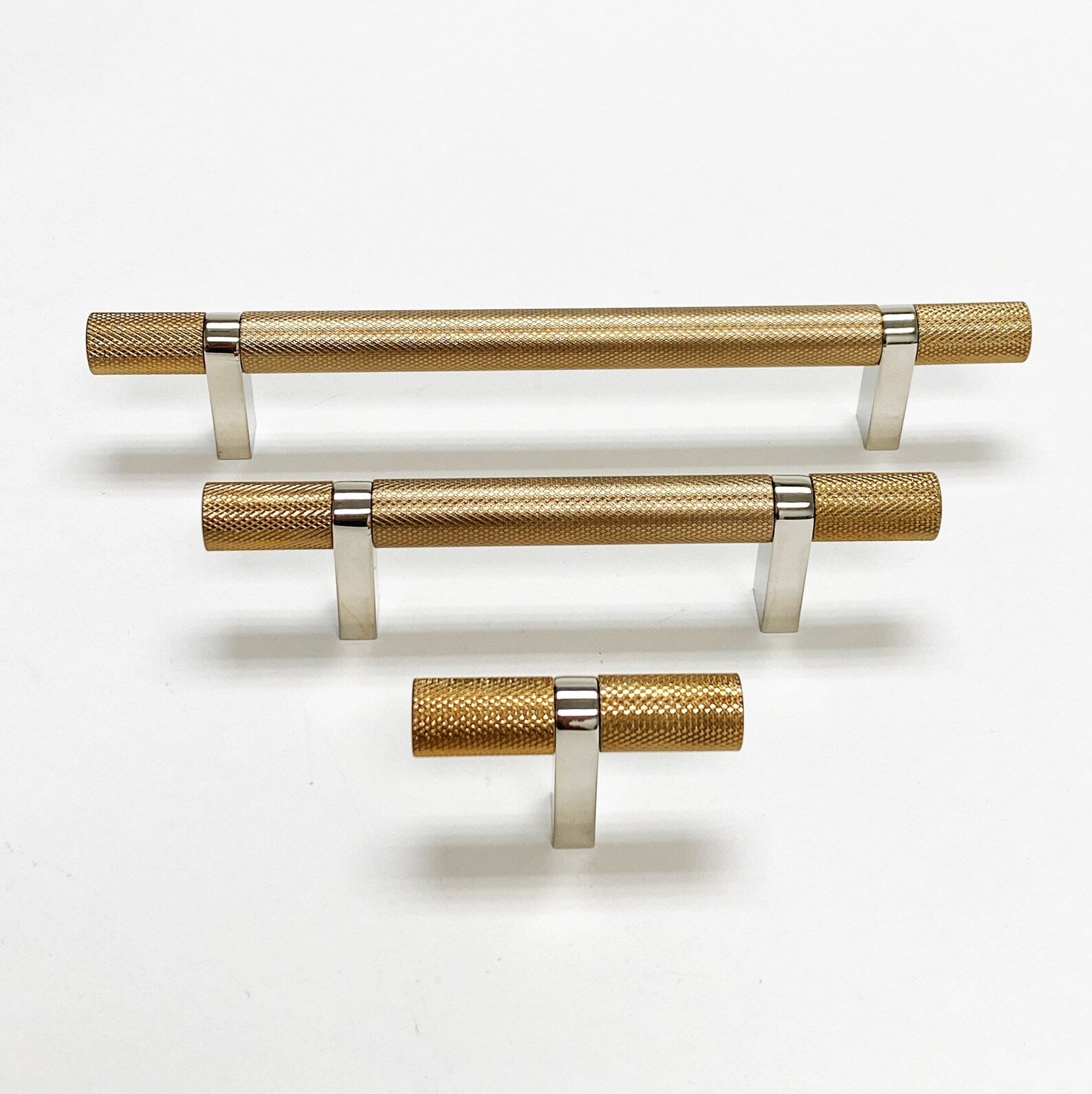 Knurled Select T-Bar Polished Nickel and Champagne Bronze Knobs and Pulls - Industry Hardware