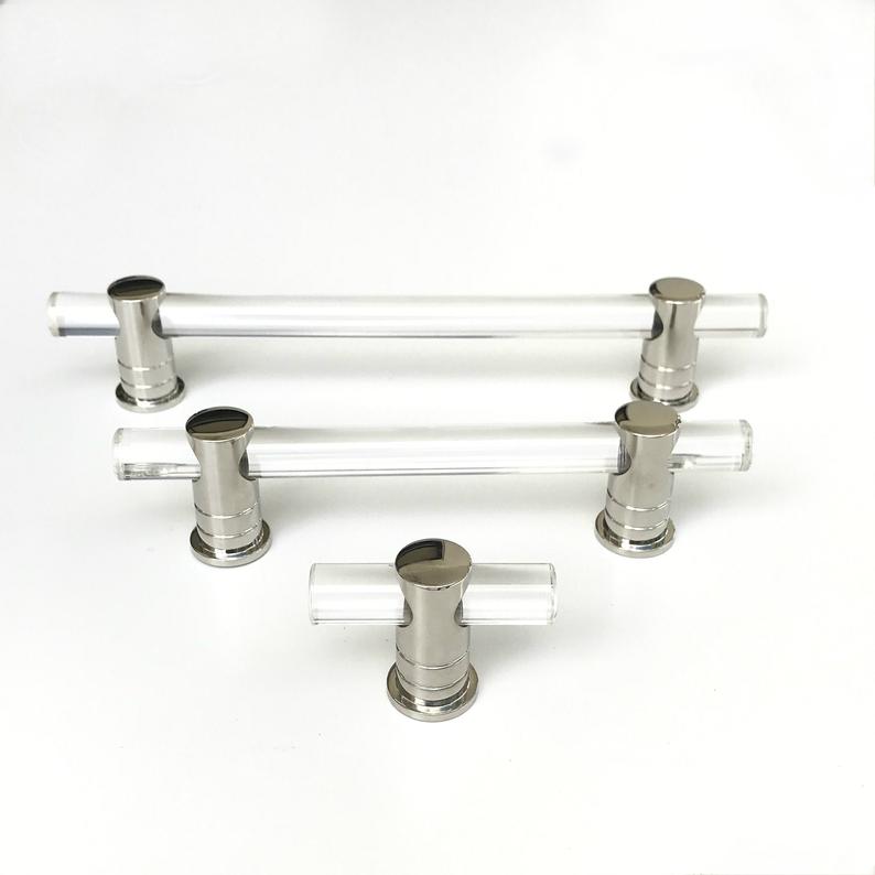 Polished Nickel and Lucite "Luz" Cabinet Knobs and Drawer Pulls - Brass Cabinet Hardware 
